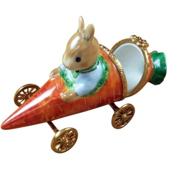 Fine French craftsmanship on the Rabbit in Carrot Car Limoges box, painted by hand