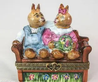 Rabbits on Bench Porcelain Limoges Porcelain Art Object Collectible, view 2