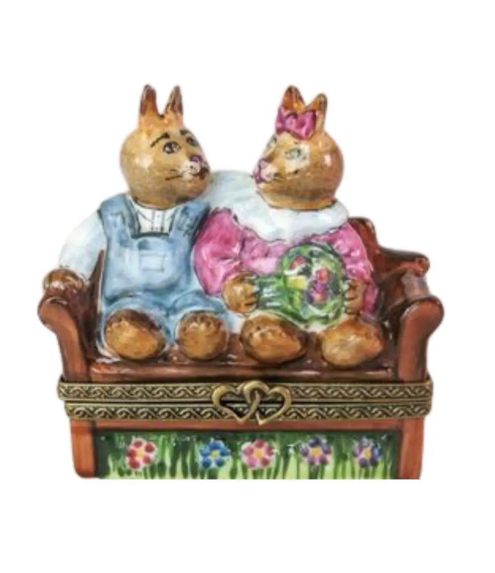 Genuine Rabbits on Bench Limoges box painted by hand in France, from Limoges Boutique
