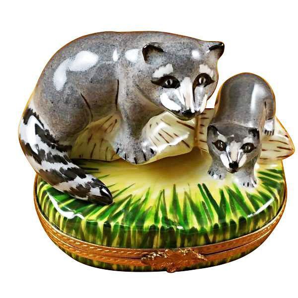Authentic Rochard Raccoon with Baby Limoges box, hand-painted in France, from Limoges Boutique