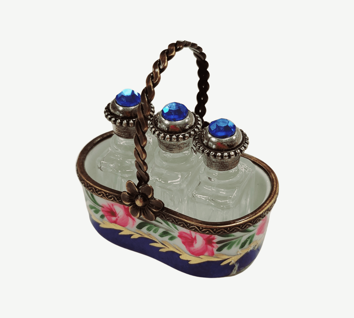 Artisan-painted 3 Perfumes in Basket Blue Limoges box from France, a cherished collectible