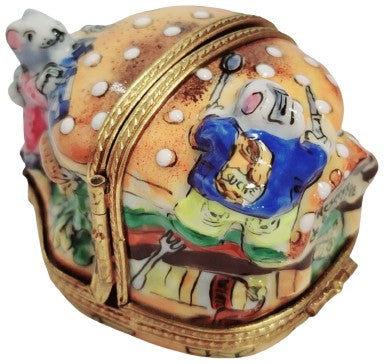 Hand-painted 3 Hinged Mice House Eating Cheeseburger Limoges box, French artistry for lovers of fine art