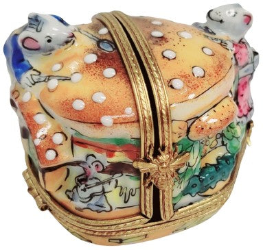 3 Hinged Mice House Eating Cheeseburger Limoges box painted by hand in Limoges, France, a gift to treasure