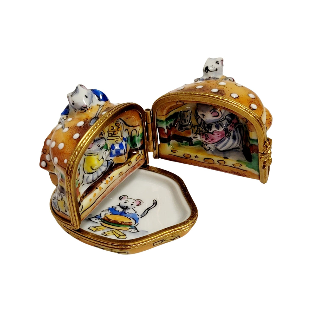 Fine French craftsmanship on the 3 Hinged Mice House Eating Cheeseburger Limoges box, painted by hand