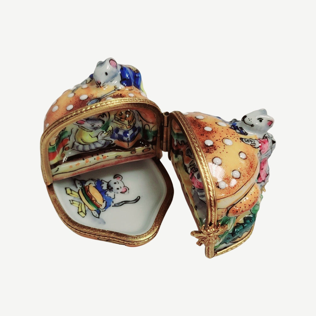 3 Hinged Mice House Eating Cheeseburger Limoges box, an heirloom-quality piece for collectors