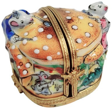 Genuine 3 Hinged Mice House Eating Cheeseburger Limoges box painted by hand in France, from Limoges Boutique