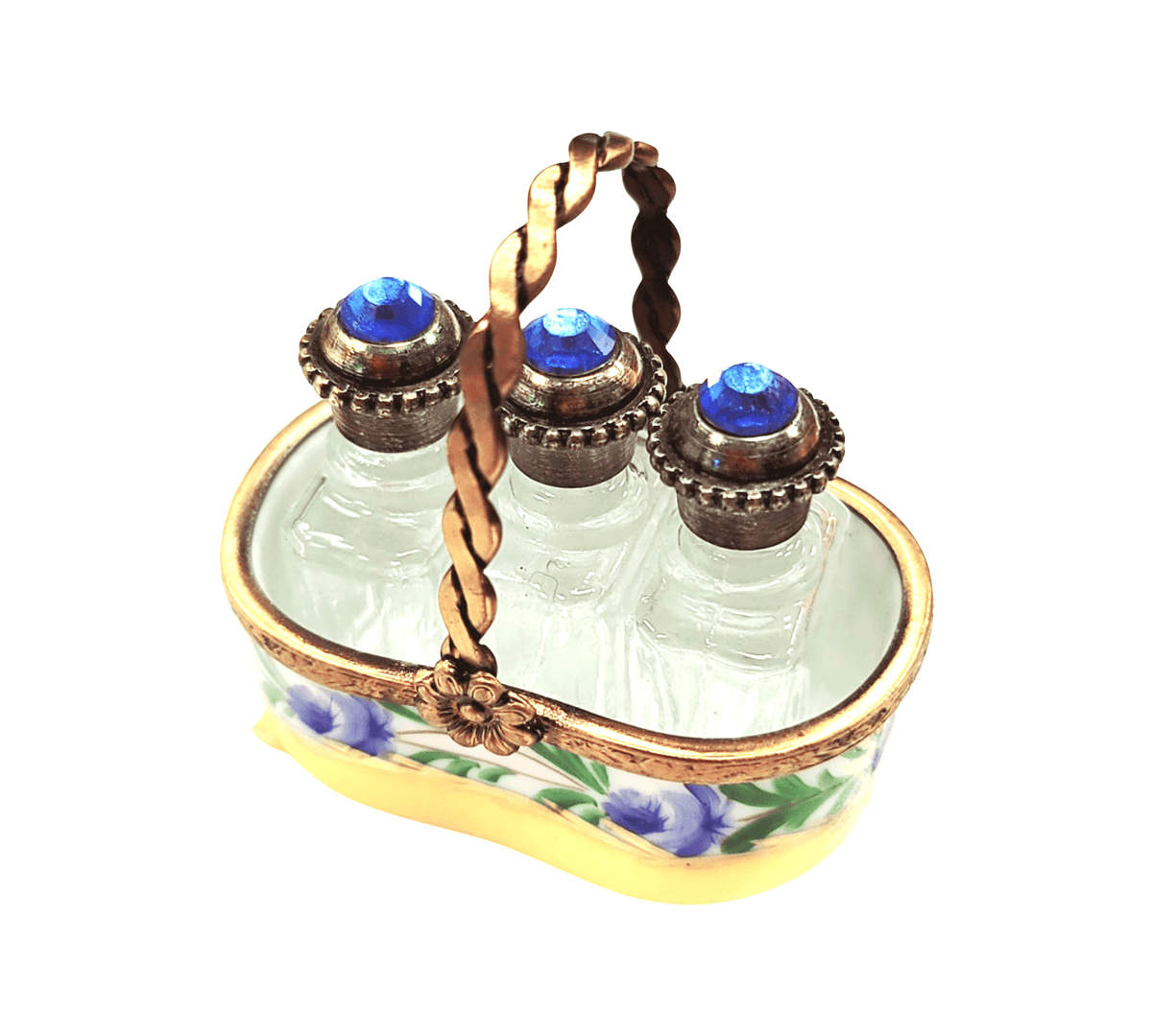 Limoges Boutique presents the 3 Perfumes in Yellow Basket, a genuine Limoges box painted by hand in France