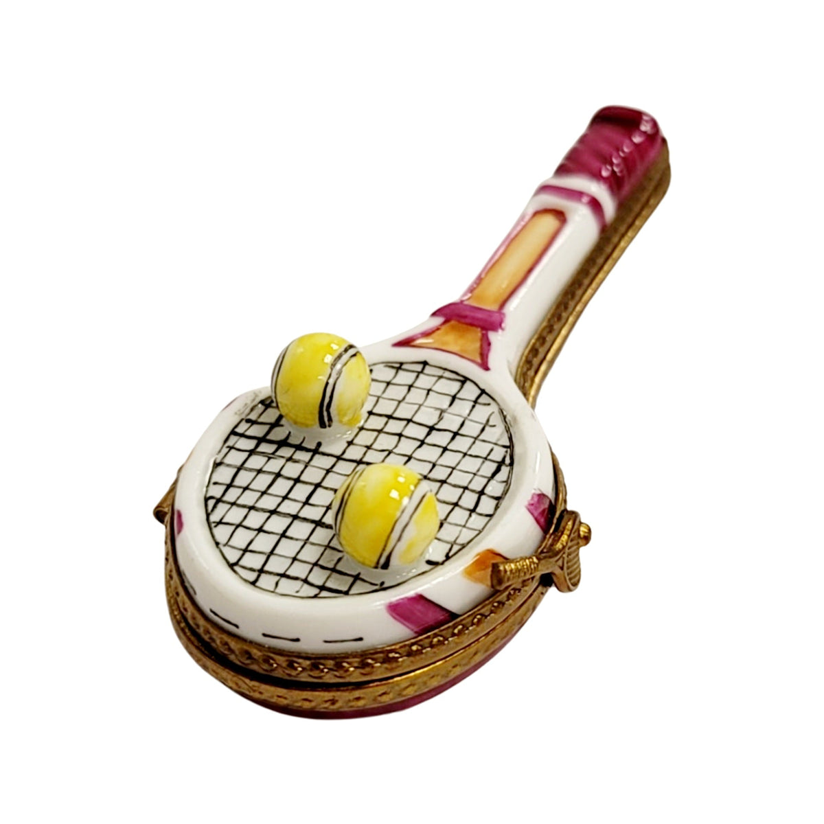 Red Tennis Racquet 2 Balls Limoges Box, a hand-painted Limoges porcelain gift