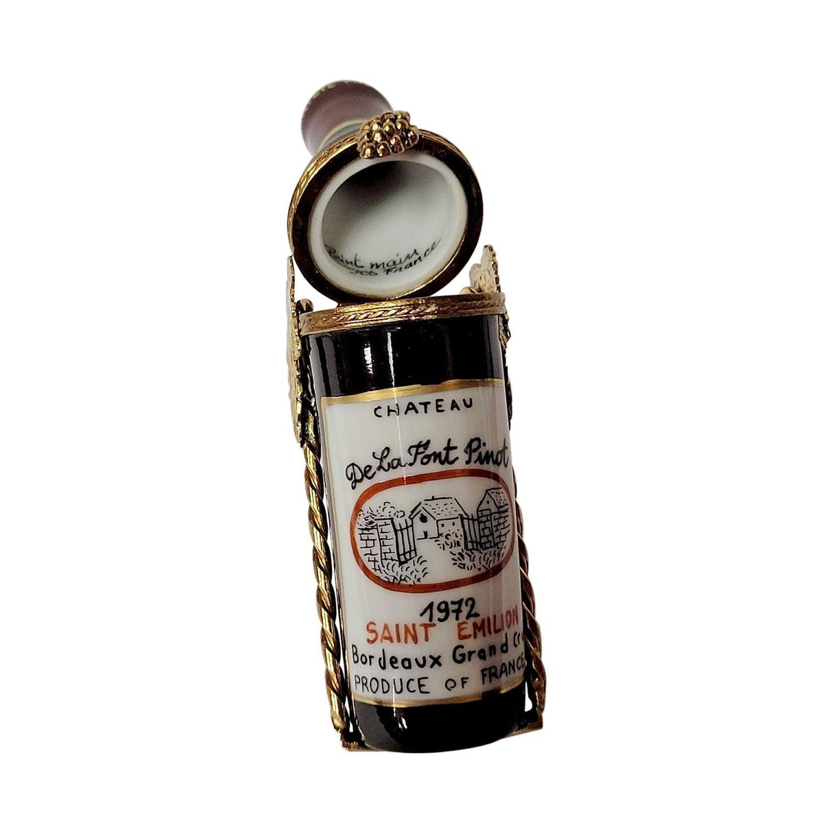 Red Wine Bottle with Brass Holder Limoges Box Gift, view 2