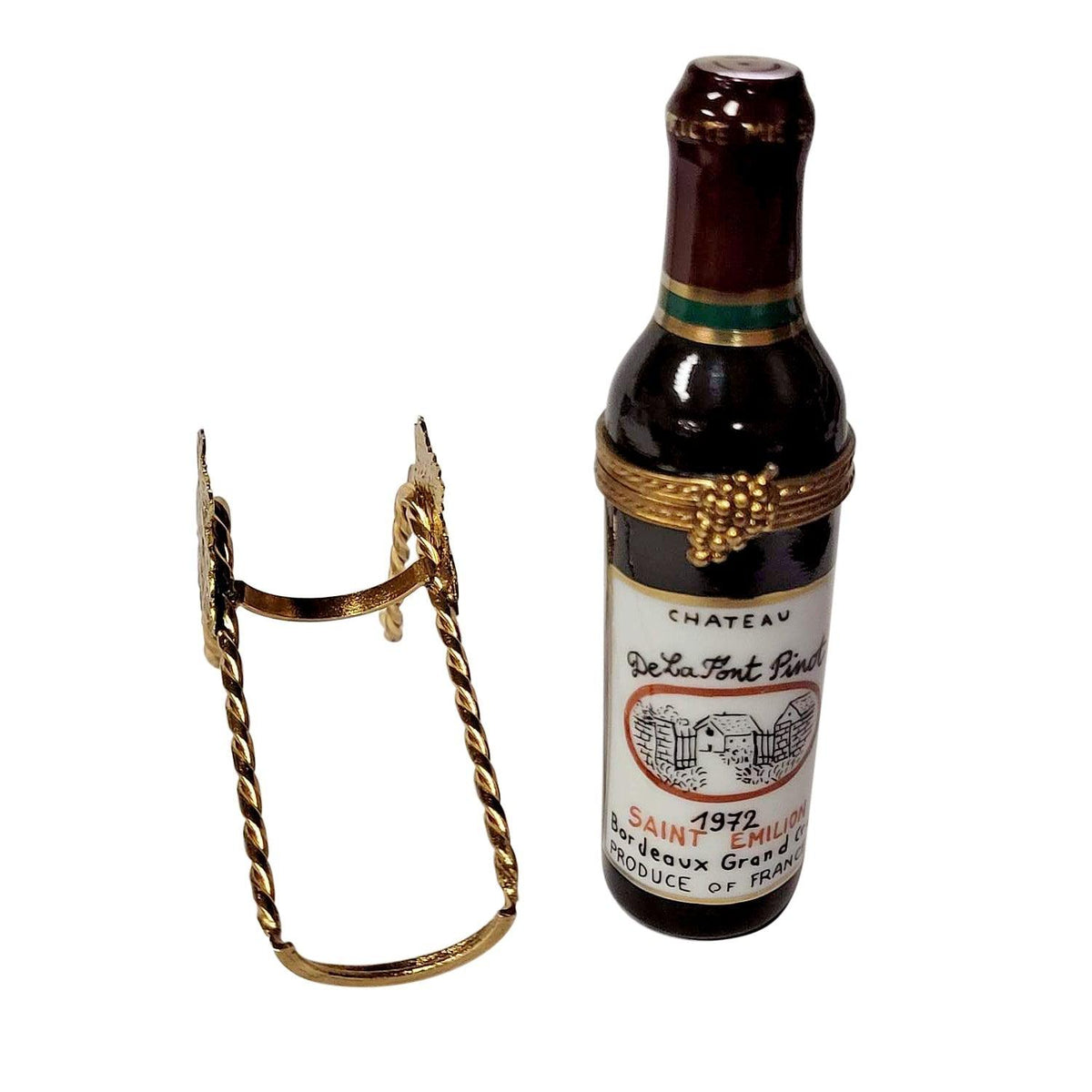 Red Wine Bottle with Brass Holder Limoges Box Gift, view 3