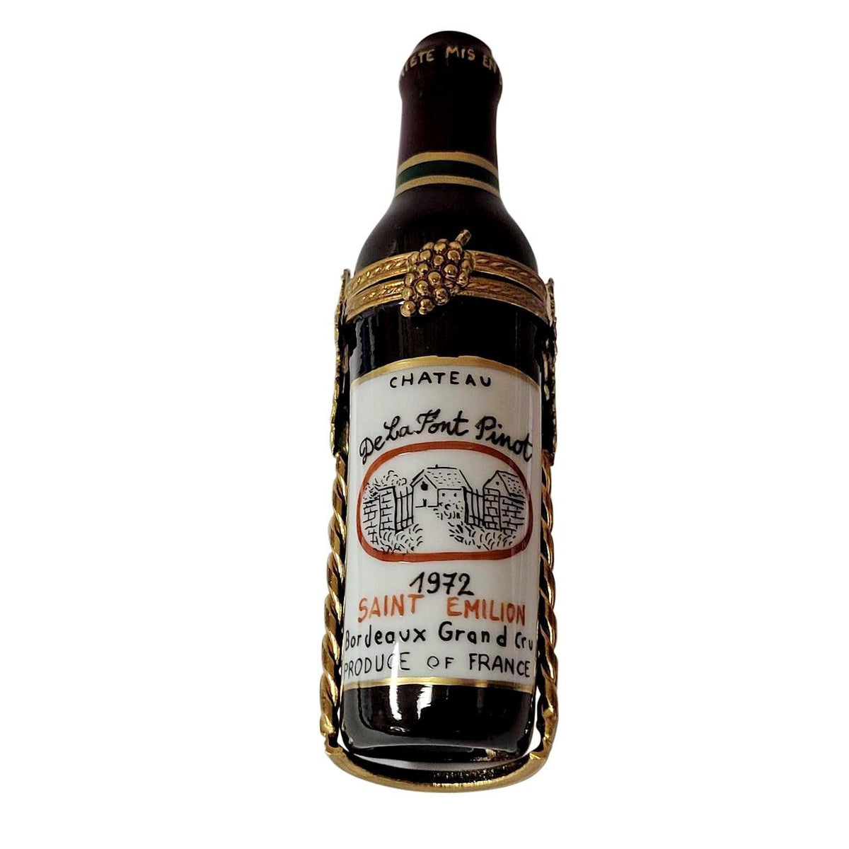 Red Wine Bottle with Brass Holder Limoges Box Gift, a hand-painted Limoges porcelain gift