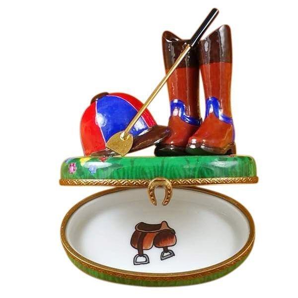 Artisan-painted Riding Set with Hat, Stick & Boots Limoges box from France, a cherished collectible