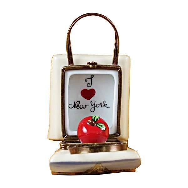 Painted details on the Rockefeller Shopping Bag with Apple York Limoges box, French art in miniature