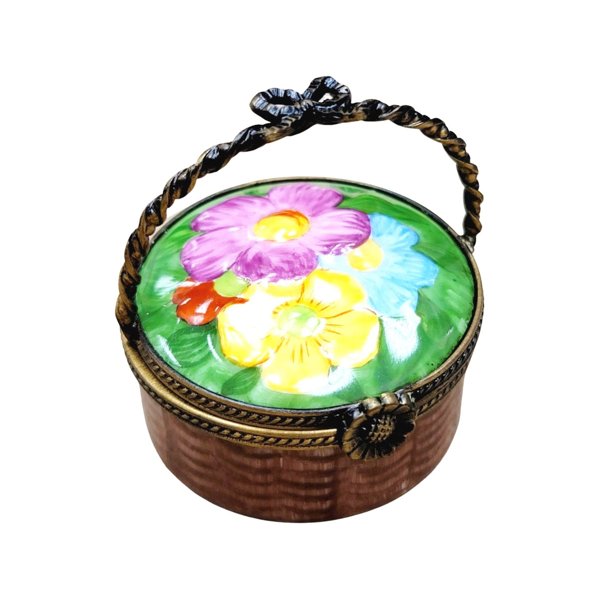 Round Flowers Basket Limoges Porcelain Gift, a hand-painted Limoges porcelain gift