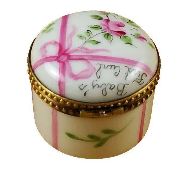 Collectible Round Pink First Curl Baby Limoges box with artisan brushwork