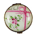 Round Pink First Curl Limoges Box Baby Keepsake Gift, a hand-painted Limoges porcelain gift