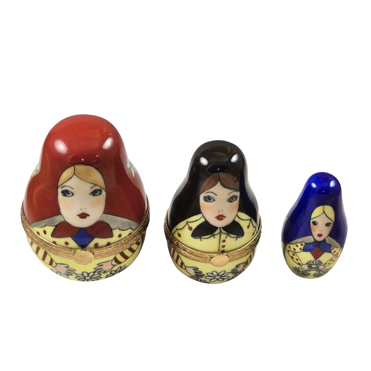 Limoges Boutique presents the Rochard Russian Dolls 3 Red Scarf, a genuine Limoges box painted by hand in France