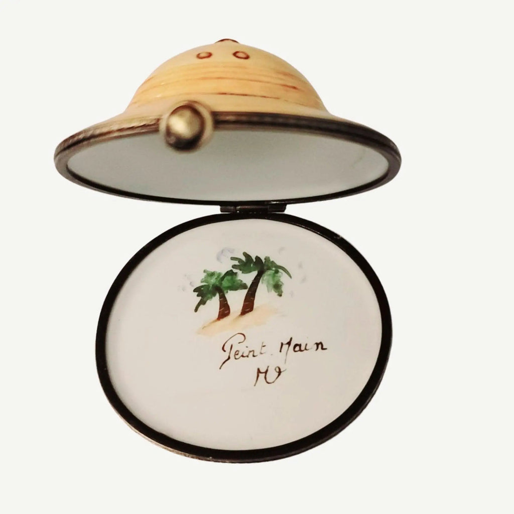Treasured French collectible: Safari Pith Hat Jungle Hat Limoges box, painted by hand
