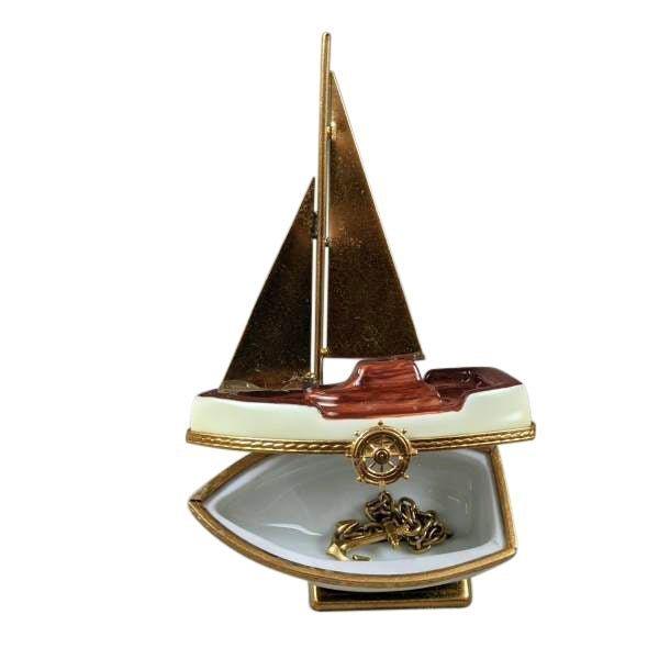 Artisan-painted Sailboat with Brass Sails, Stand & Anchor Limoges box from France, a cherished collectible