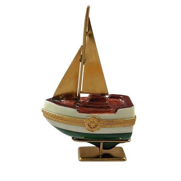 Sailboat with Brass Sails, Stand & Anchor Limoges Box, view 3
