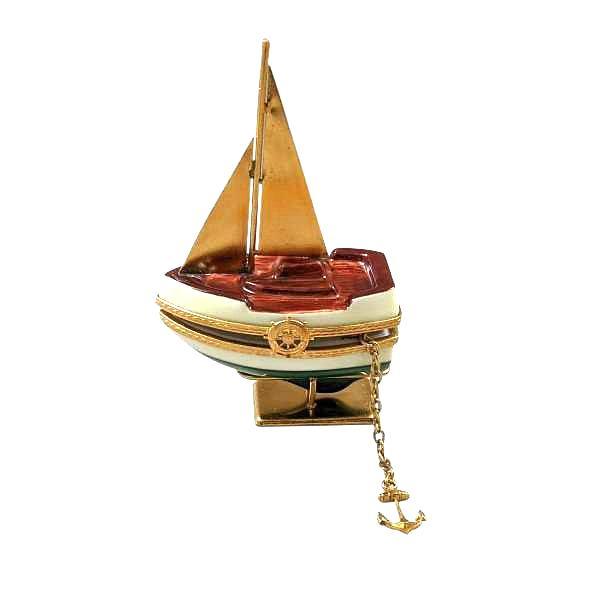 Sailboat with Brass Sails, Stand & Anchor Limoges Box, a hand-painted Limoges porcelain gift