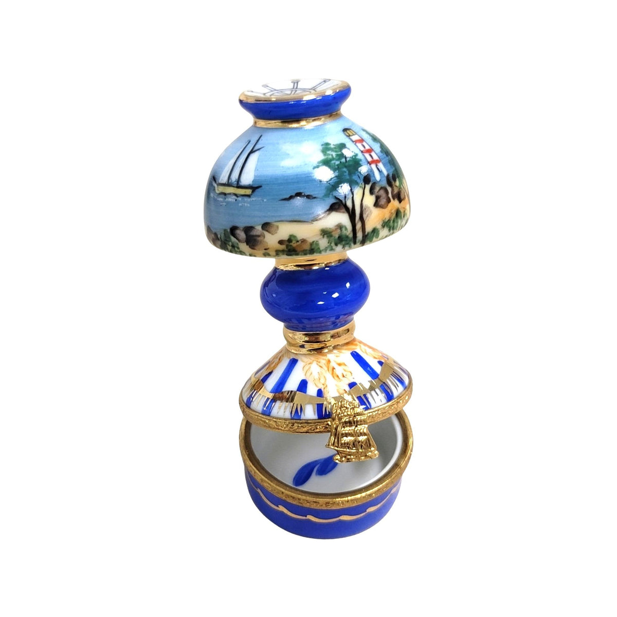 Table Lamp Sailboats Lighthouse glowing with a candle lit inside, Limoges porcelain from France