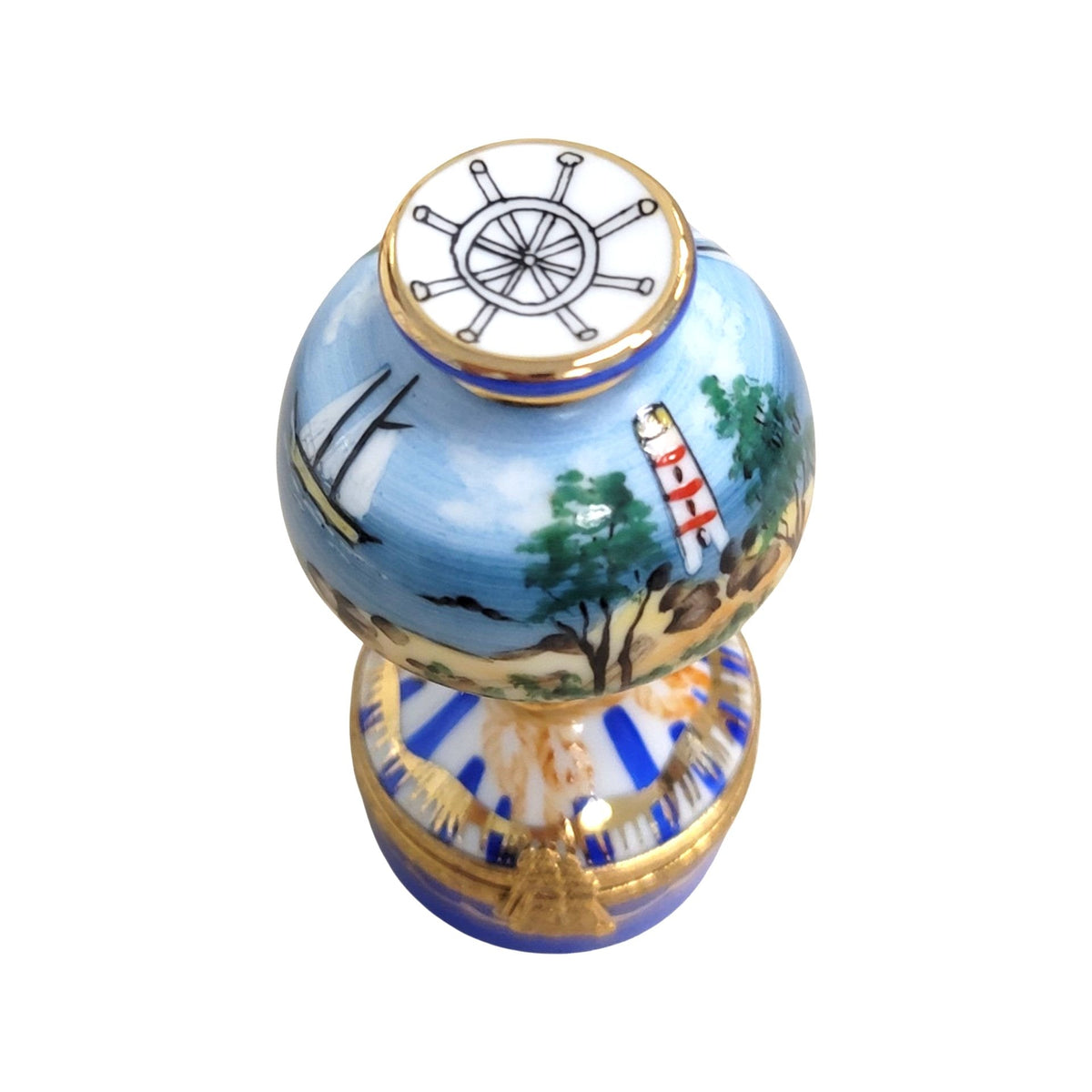 Candlelight shining through the Table Lamp Sailboats Lighthouse, French Limoges porcelain