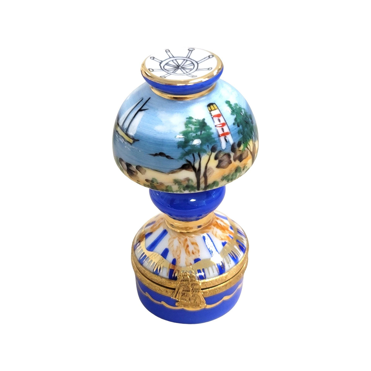 Limoges Boutique presents the Table Lamp Sailboats Lighthouse, a genuine Limoges porcelain painted by hand in France