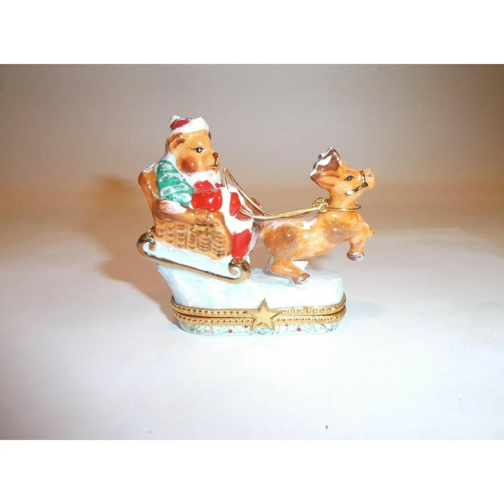Santa Claus Teddy Bear on Sleigh w Reindeer Limoges Box, view 10