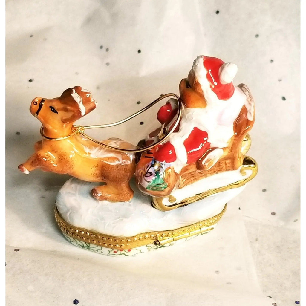 Santa Claus Teddy Bear on Sleigh w Reindeer Limoges Box, view 12