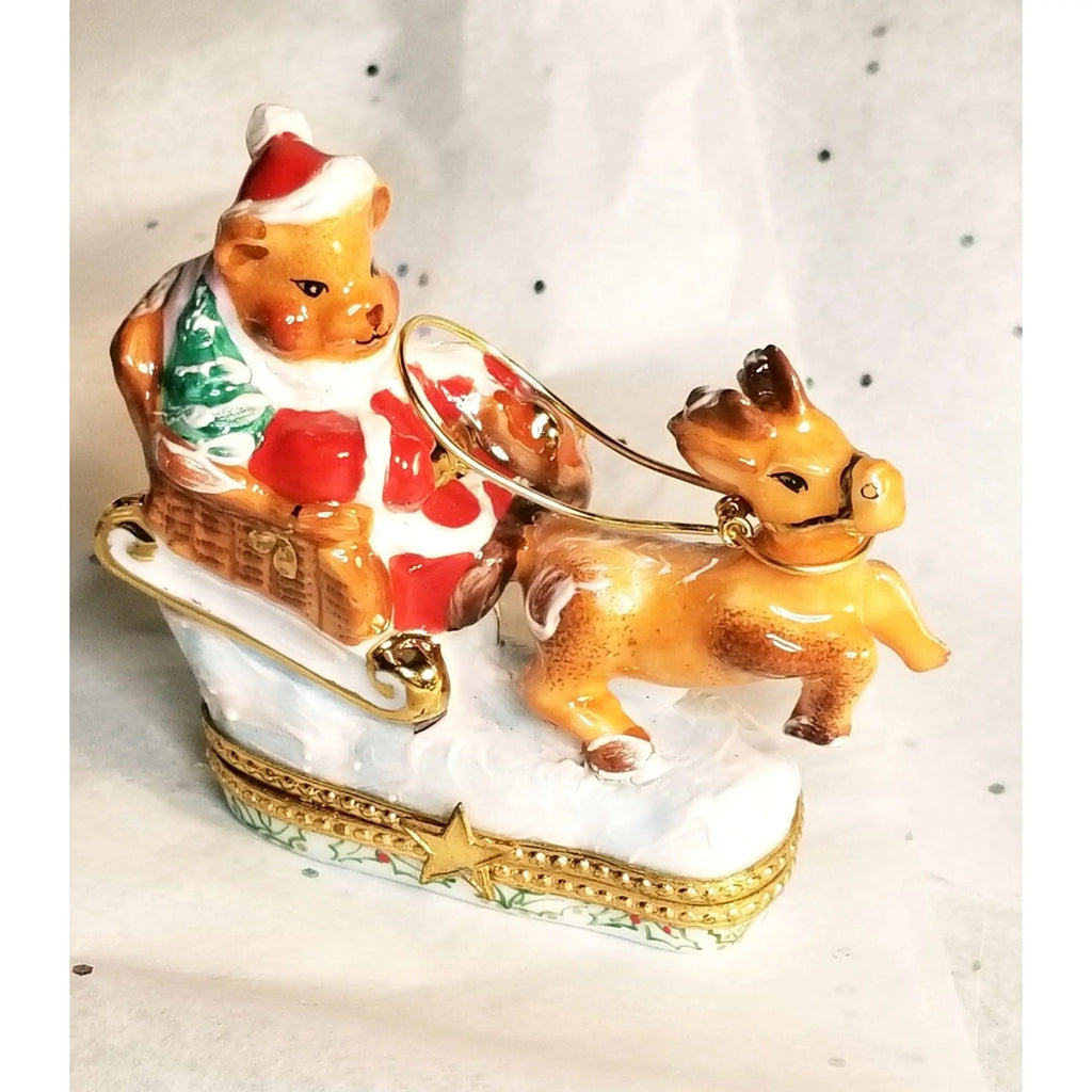 Santa Claus Teddy Bear on Sleigh w Reindeer Limoges Box, view 13