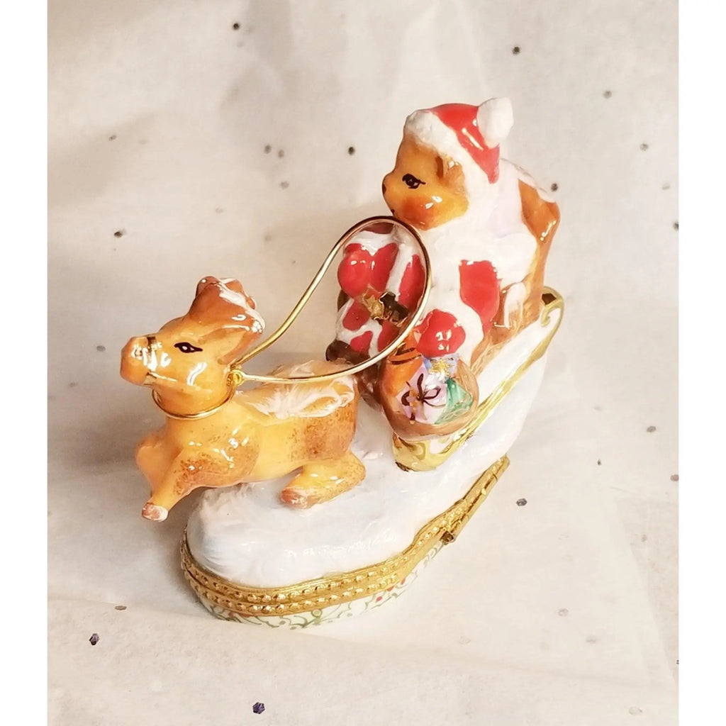 Santa Claus Teddy Bear on Sleigh w Reindeer Limoges Box, view 14