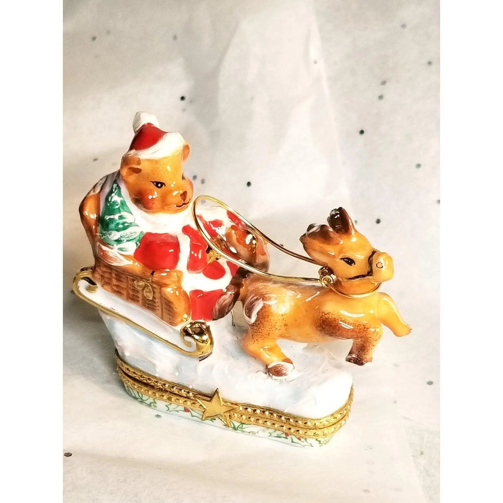 Santa Claus Teddy Bear on Sleigh w Reindeer Limoges Box, view 15