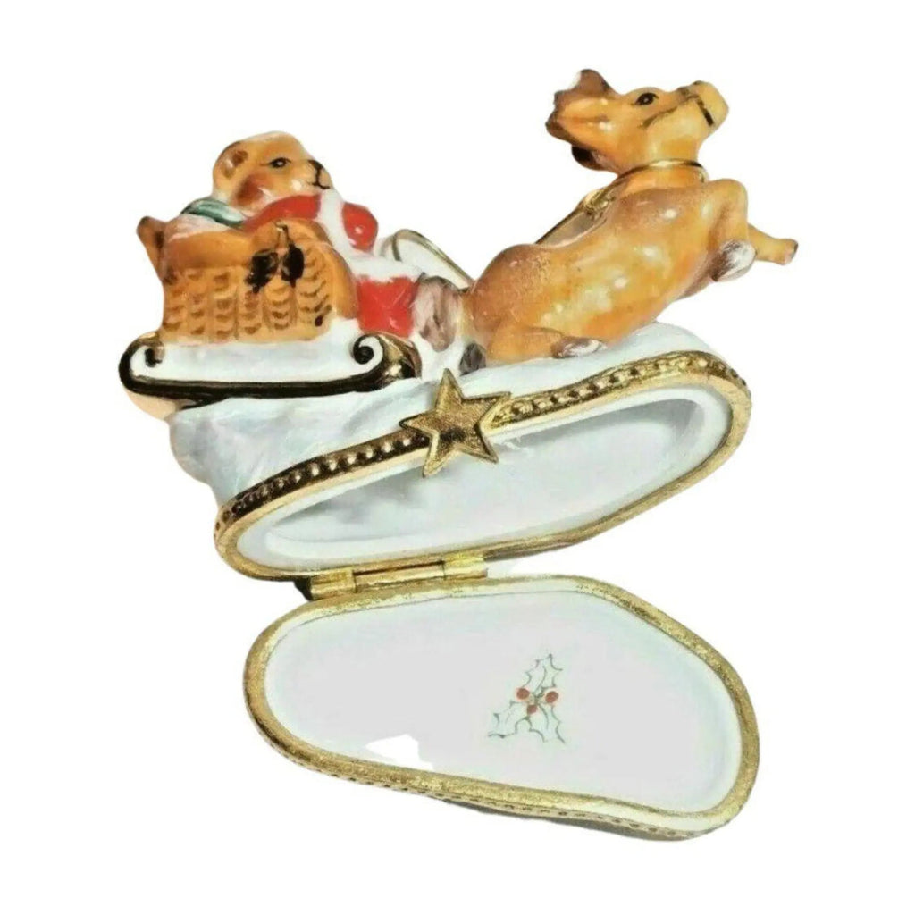 Santa Claus Teddy Bear on Sleigh w Reindeer Limoges Box, view 2