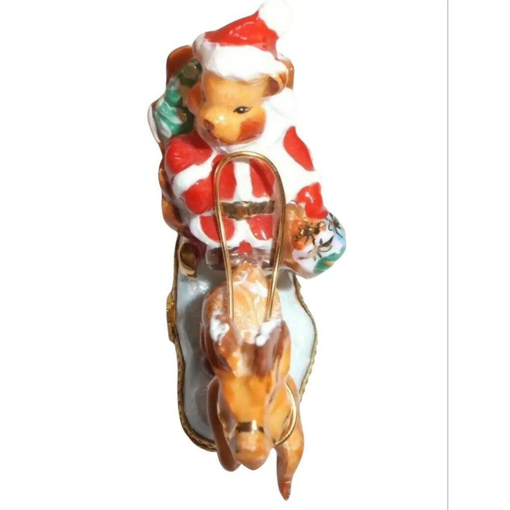 Santa Claus Teddy Bear on Sleigh w Reindeer Limoges Box, view 3
