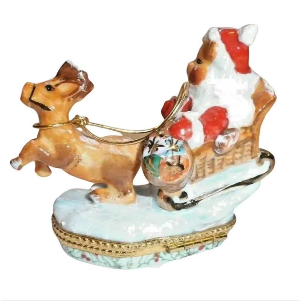 Santa Claus Teddy Bear on Sleigh w Reindeer Limoges Box, view 4