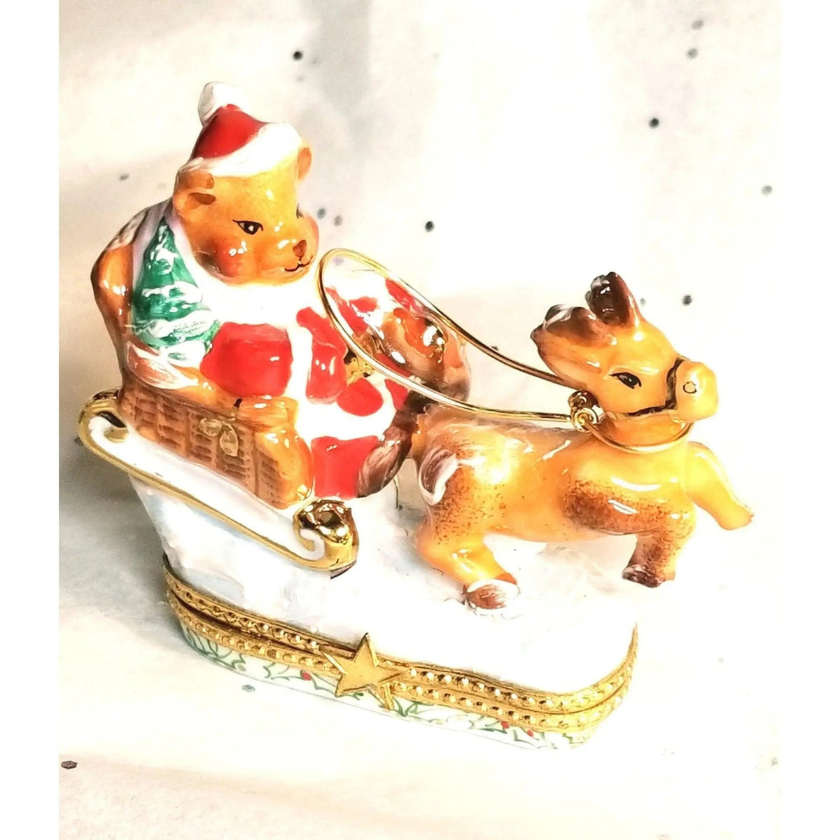 Santa Claus Teddy Bear on Sleigh w Reindeer Limoges Box, view 6