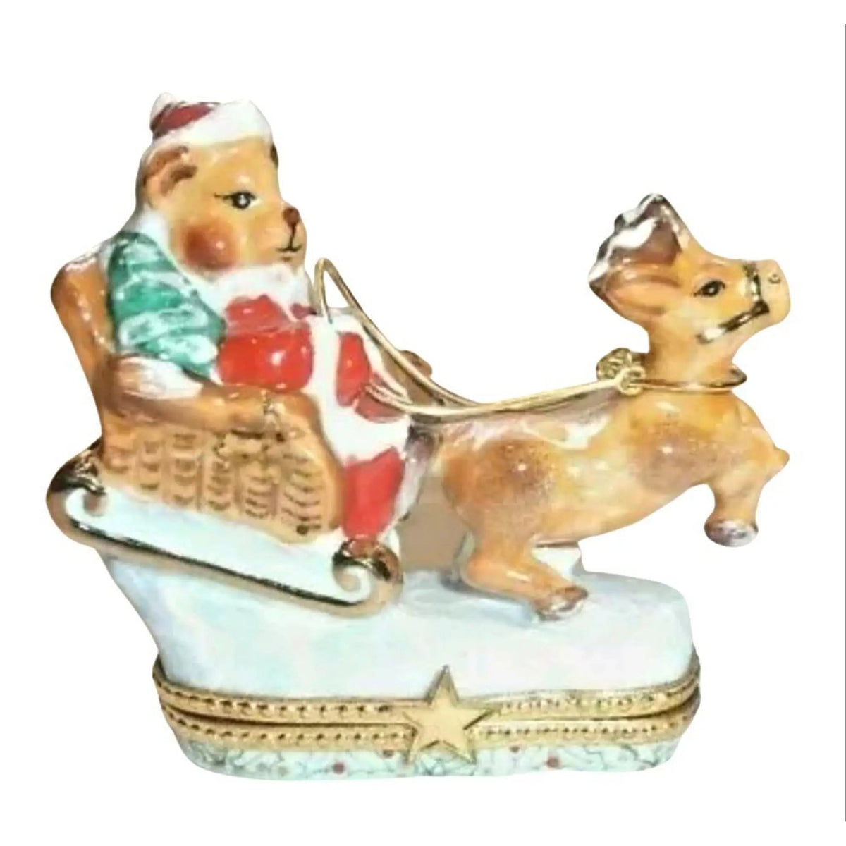 Authentic Santa Claus Teddy Bear on Sleigh with Reindeer Limoges box, hand-painted in France, from Limoges Boutique