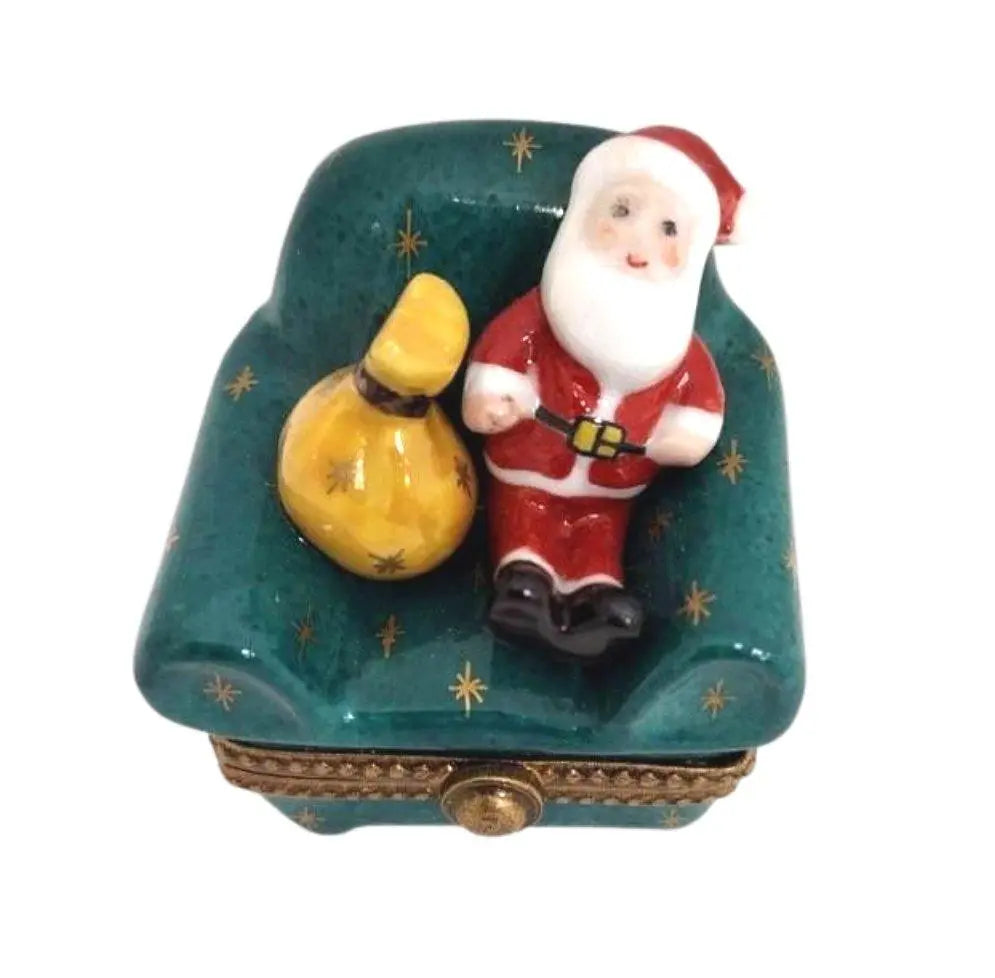 Authentic Santa Claus with Bag on Green Christmas Chair Limoges box, hand-painted in France, from Limoges Boutique