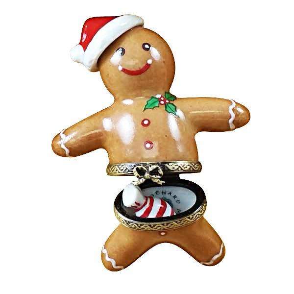 Santa Gingerbread Man with 3D Hat & Removable Peppermint Candy Limoges box painted by hand in Limoges, France