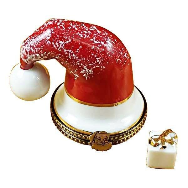 Santa Hat with Present Limoges Box for Holiday Cheer, a hand-painted Limoges porcelain gift