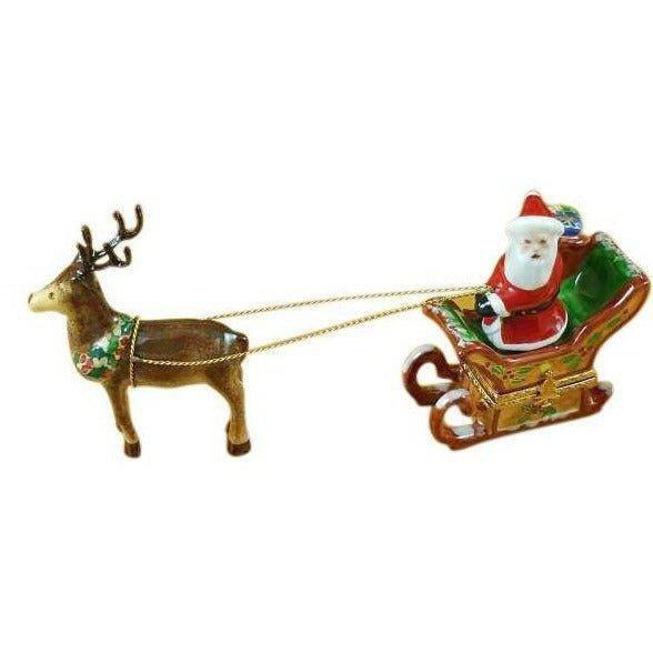 Limoges Boutique presents the Rochard Santa in Sleigh with Rein-Deer Holiday, a genuine Limoges box painted by hand in France
