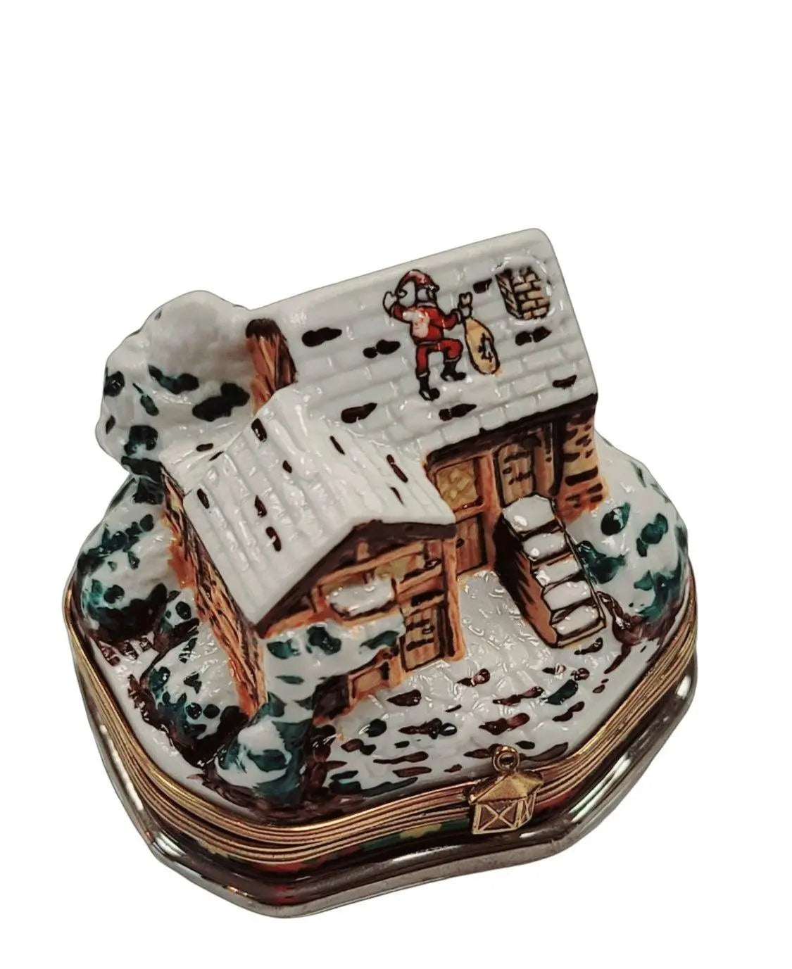 Treasured French collectible: Santa on Winter Country Cottage Roof Limoges box, painted by hand