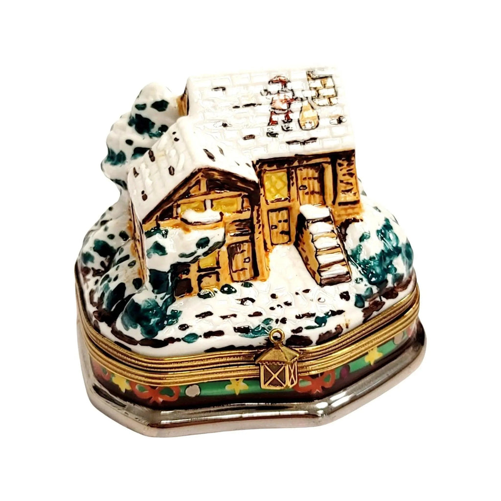 Santa on Winter Country Cottage Roof Limoges Box Figurine, a hand-painted Limoges porcelain gift