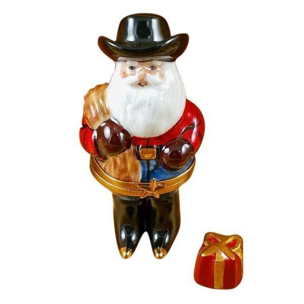 Santa Texas with Hat Boots Rope Porcelain Limoges Box, a hand-painted Limoges porcelain gift