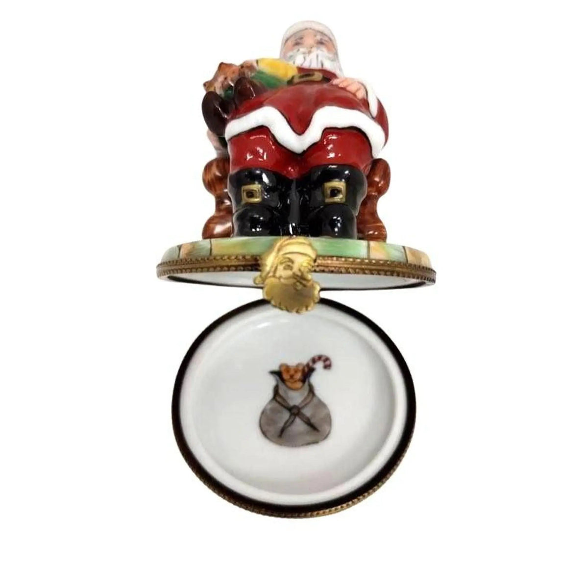 Every brushstroke by hand on the Santa with Child on Lap Red Coat Limoges box from France