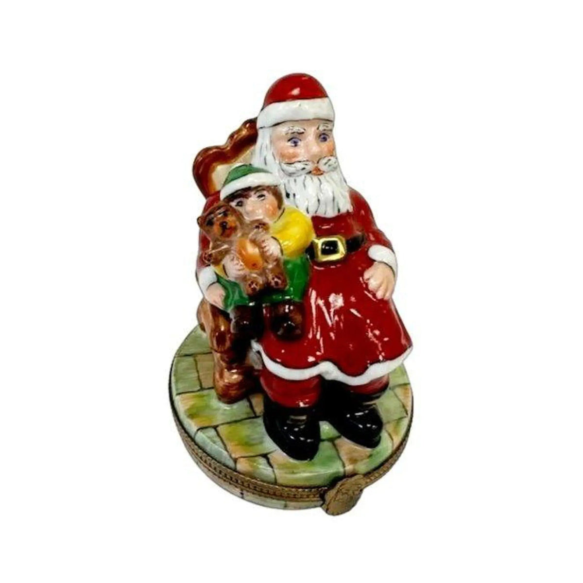 Limoges Boutique presents the Santa with Child on Lap Red Coat, a genuine Limoges box painted by hand in France