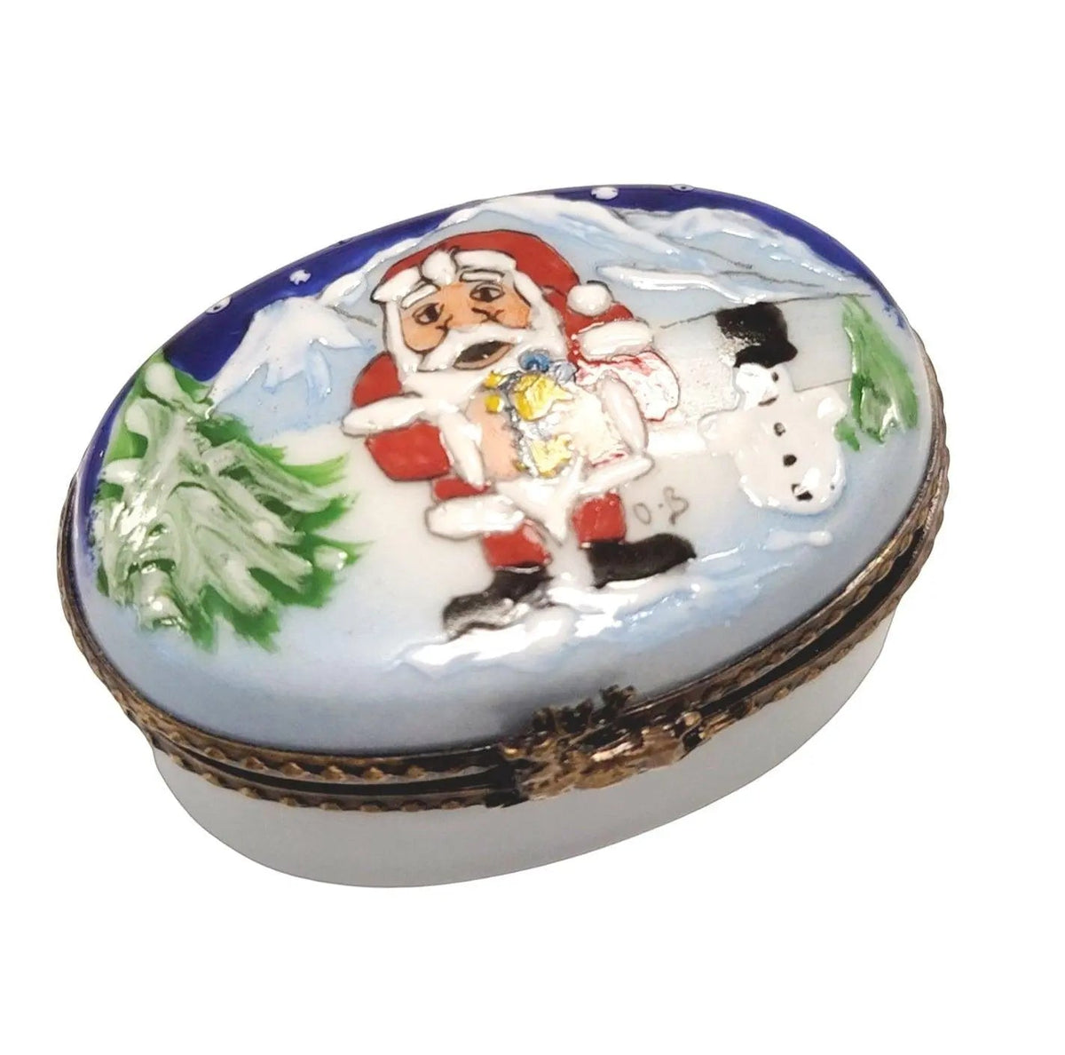 Artisan-painted Santa with Snowman Oval Cheer Limoges box from France, a cherished collectible