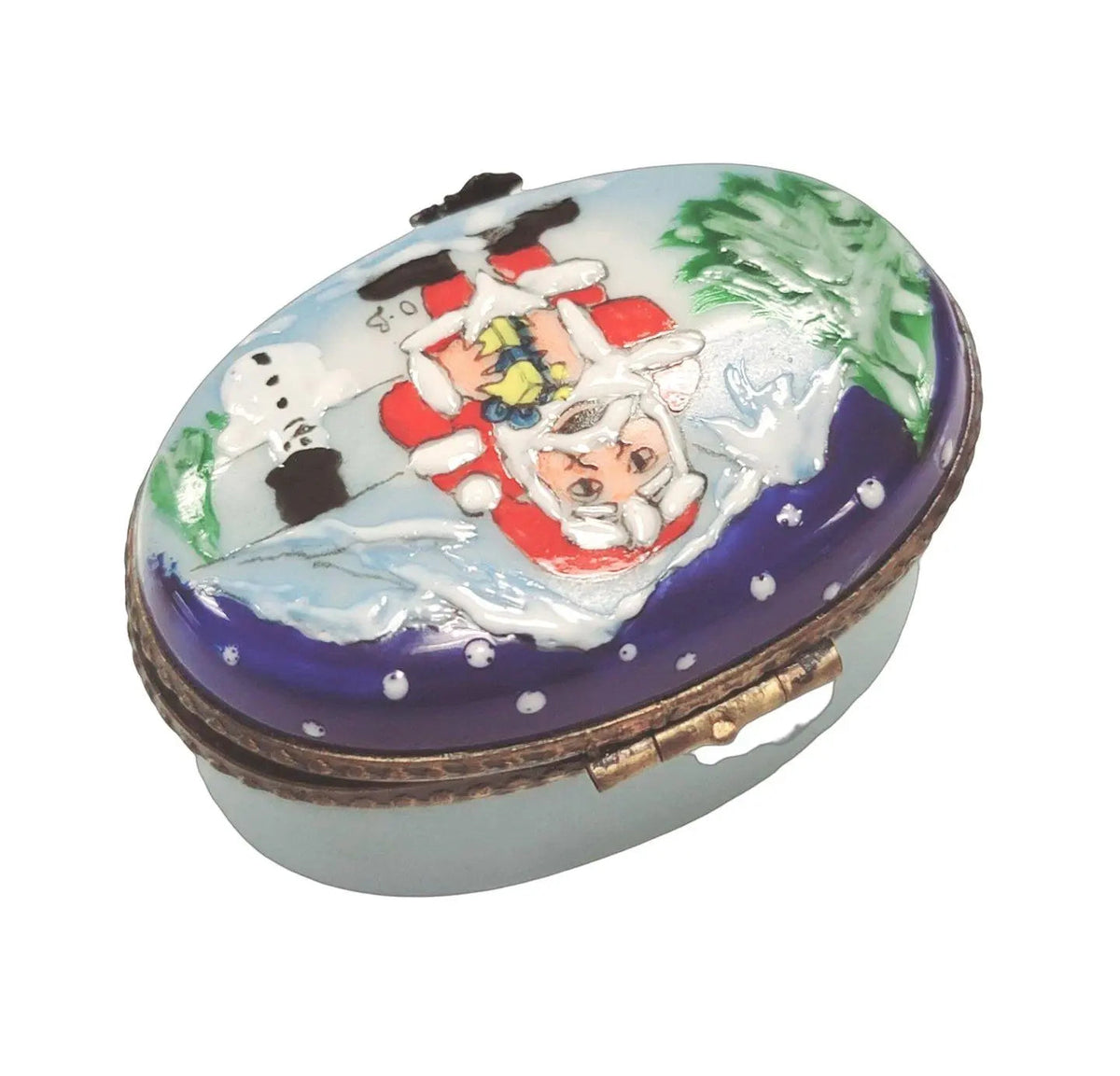 The painter's artistry shows on this Santa with Snowman Oval Cheer Limoges box