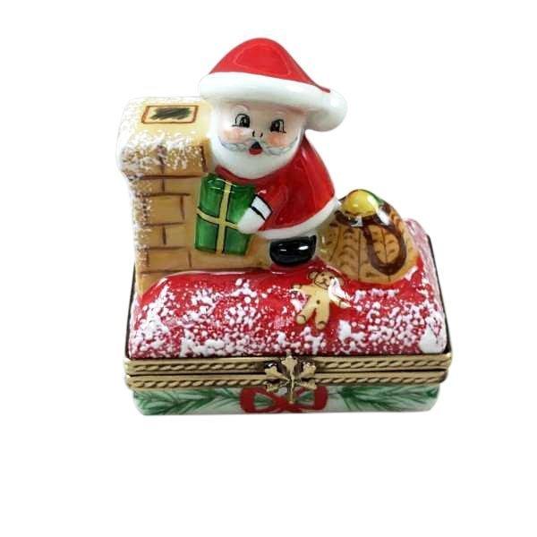 Santa on Roof with Gift Limoges Box, a hand-painted Limoges porcelain gift